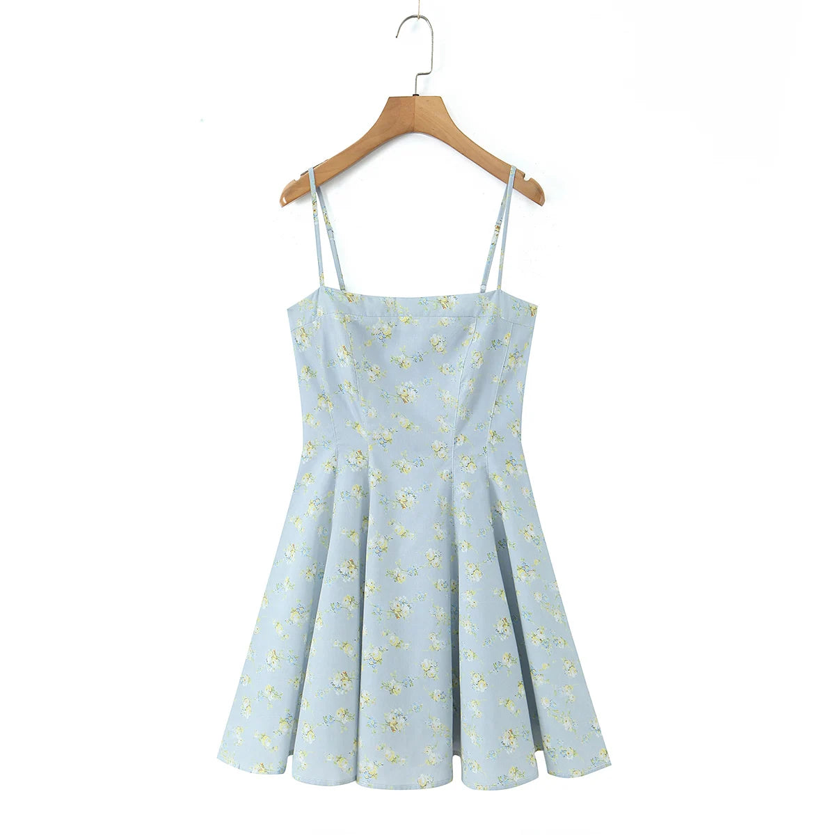 Vestido Mini de Tirantes Azul Floral — Cierre Trasero