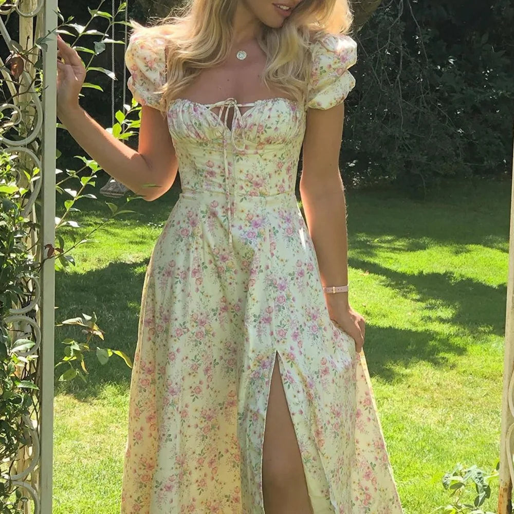 Vestido Midi Floral Manga Globo — Uso Diario