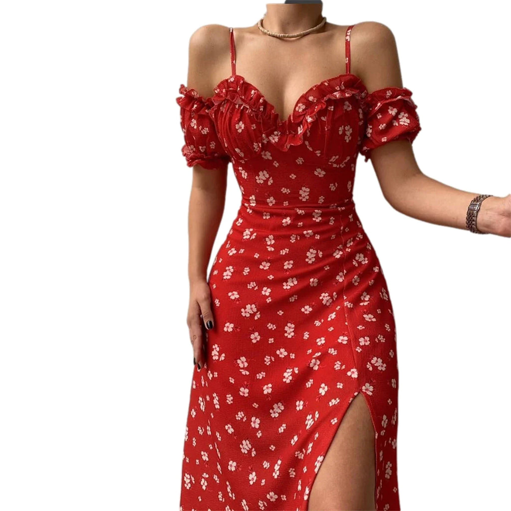 Vestido Midi Floral Hombros Descubiertos — Abertura Lateral