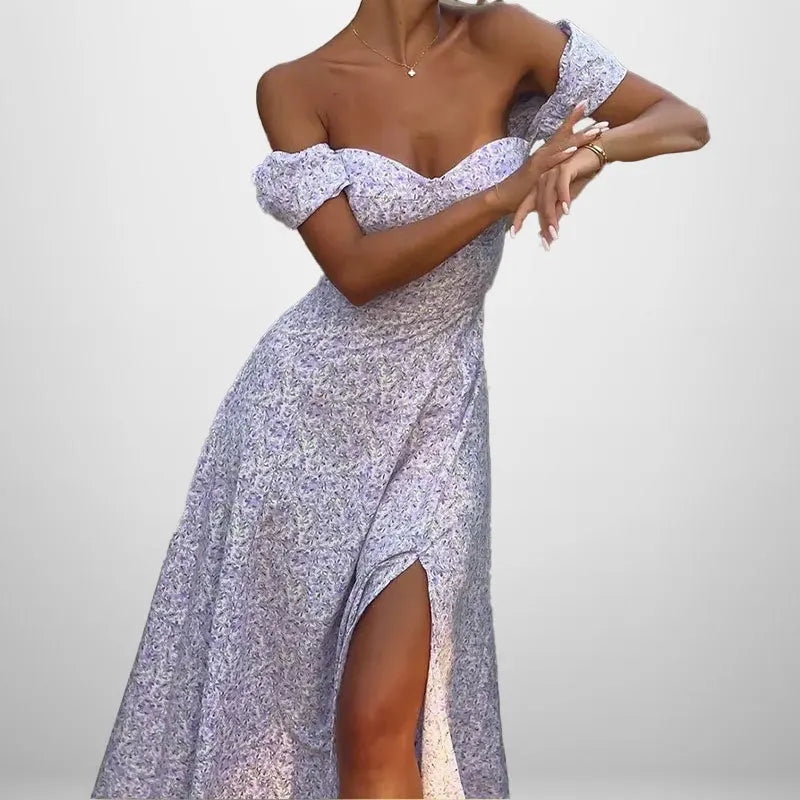 Vestido Maxi Floral Hombros Caídos — Escote V y Abertura