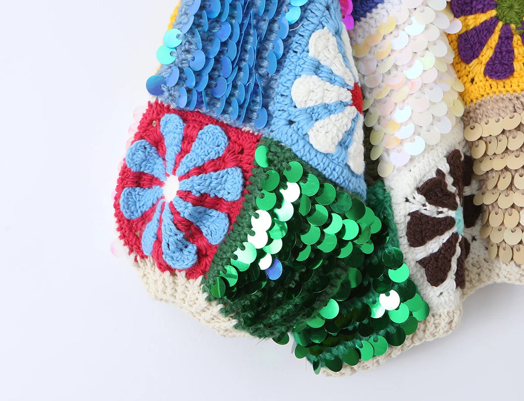 Cárdigan Crochet con Pedrería y Lentejuelas — Manga Farol