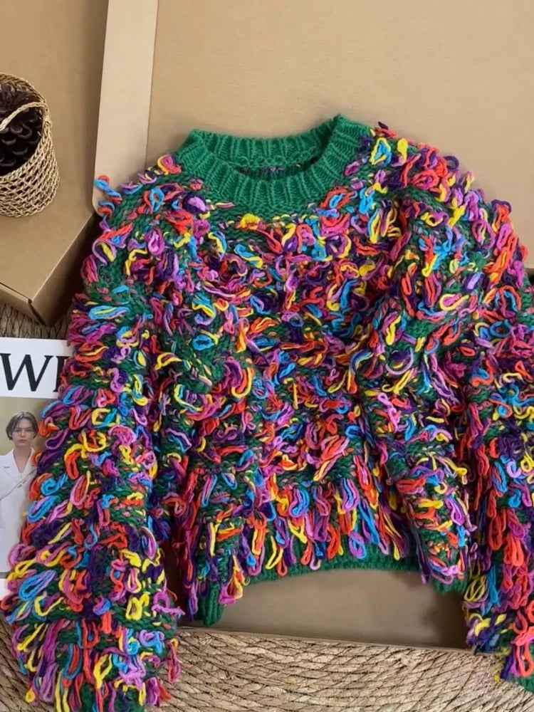 Sweater Multicolor con Flecos — Estilo Vintage Artesanal