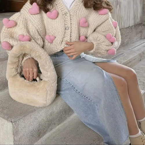 Cárdigan Crochet con Corazones 3D — Manga Farol Beige