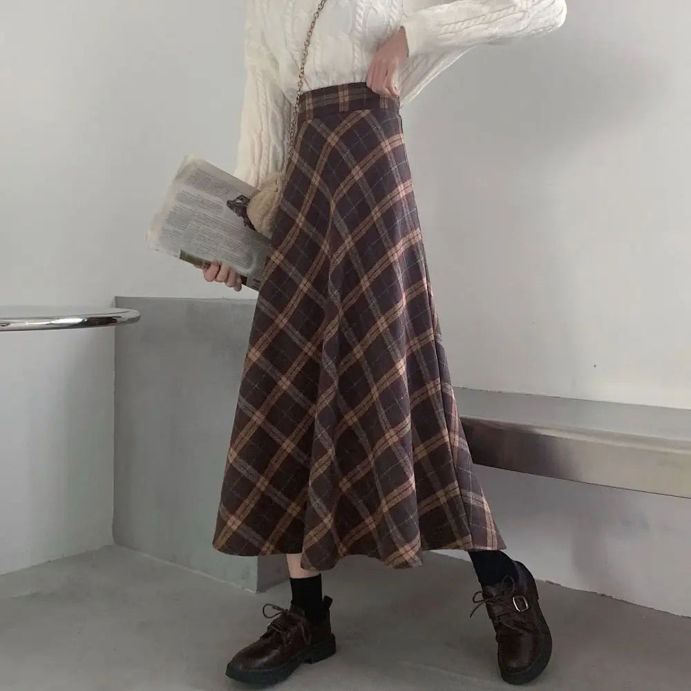 Falda Midi a Cuadros Tiro Alto — Estilo Retro Preppy