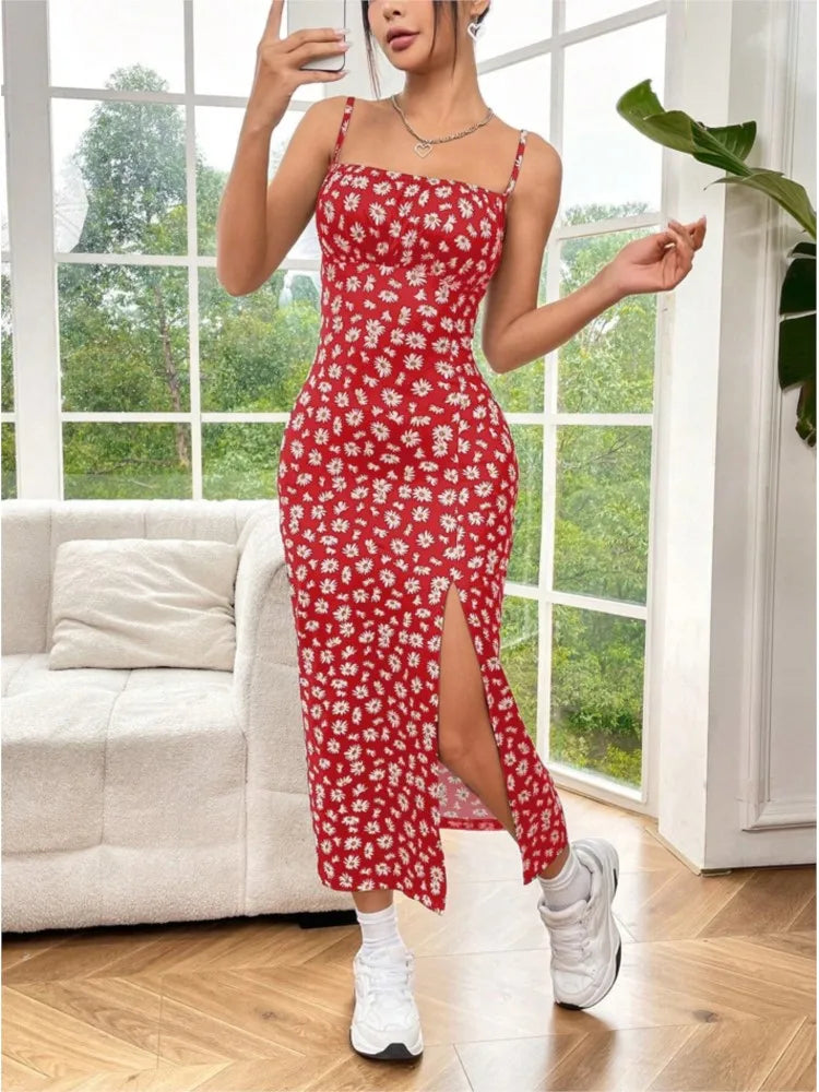 Vestido Midi Floral Sin Tirantes — Abertura Alta y Ajustado