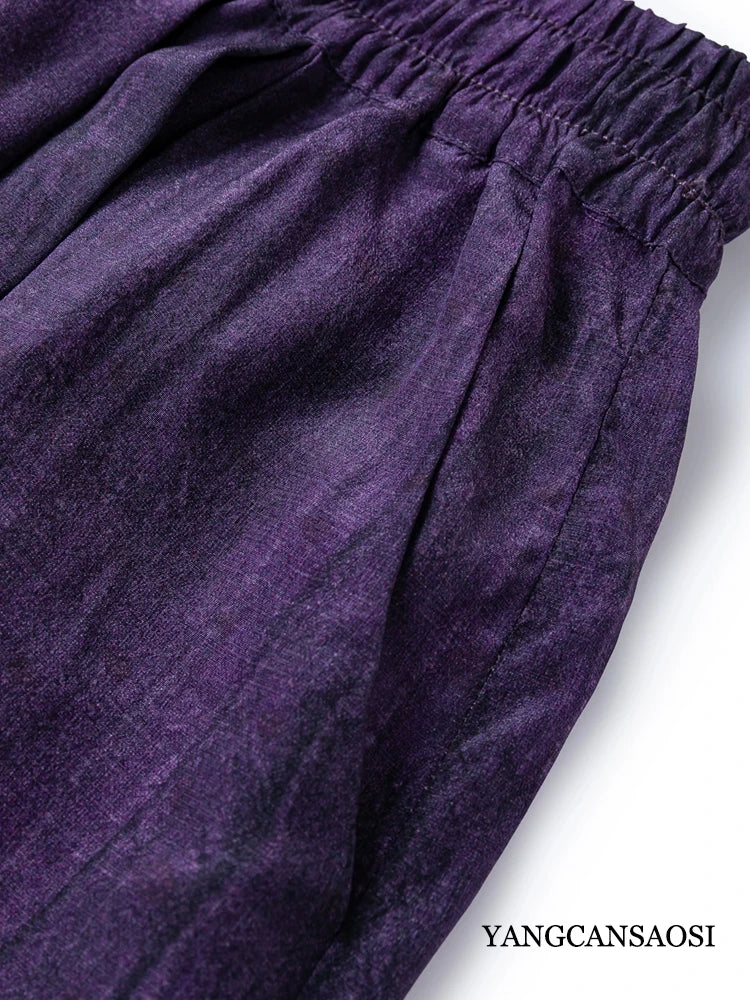 Pantalón de Seda Natural Morado — Cintura Elástica con Tirante