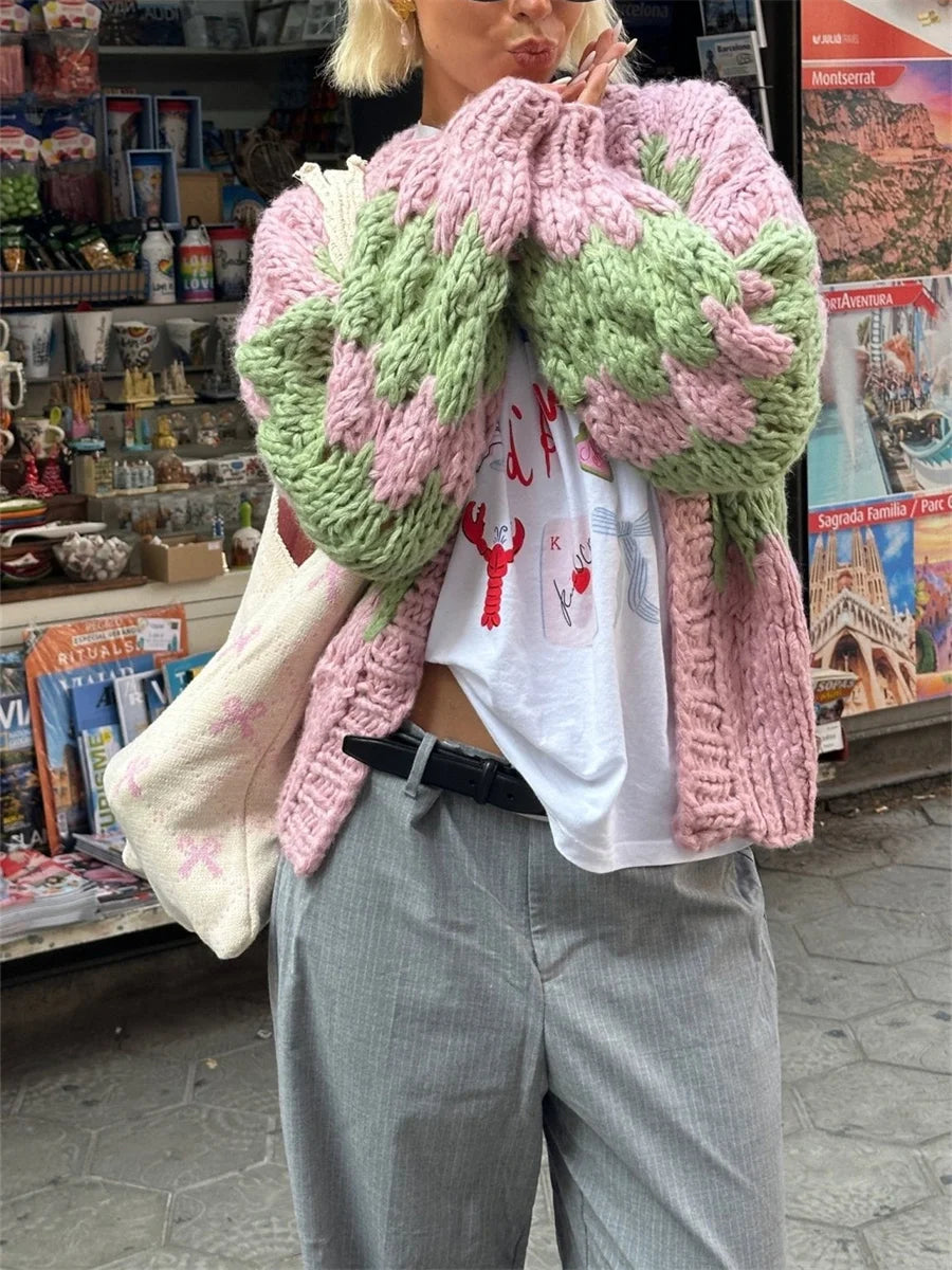 Cárdigan Corto Oversize a Rayas — Color Block Vintage