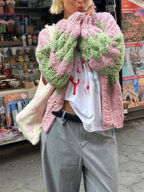 Cárdigan Corto Oversize a Rayas — Color Block Vintage