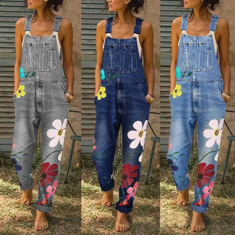 Overol de Denim con Tirantes — Estampado Floral