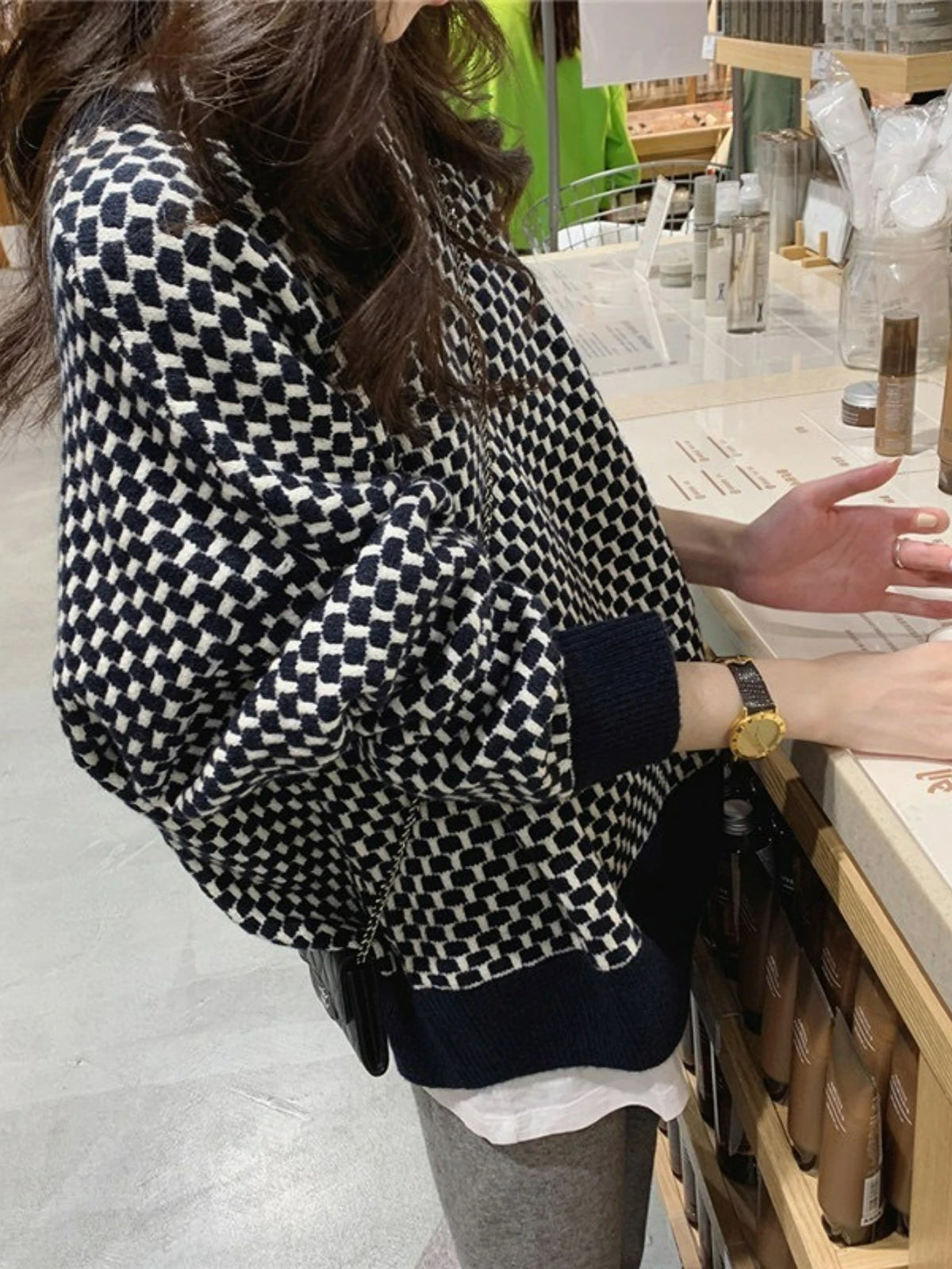 Sweater a Cuadros Vintage — Cuello Redondo Grueso