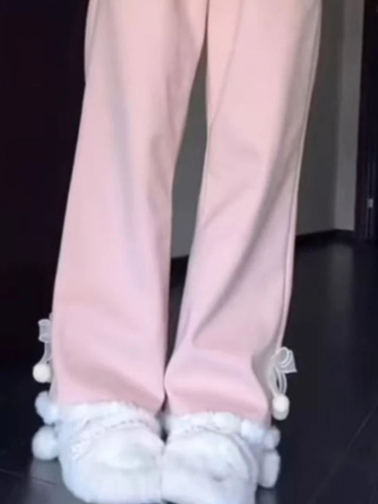 Pantalón Forrado en Polar Rosa — Tiro Alto Acampanado