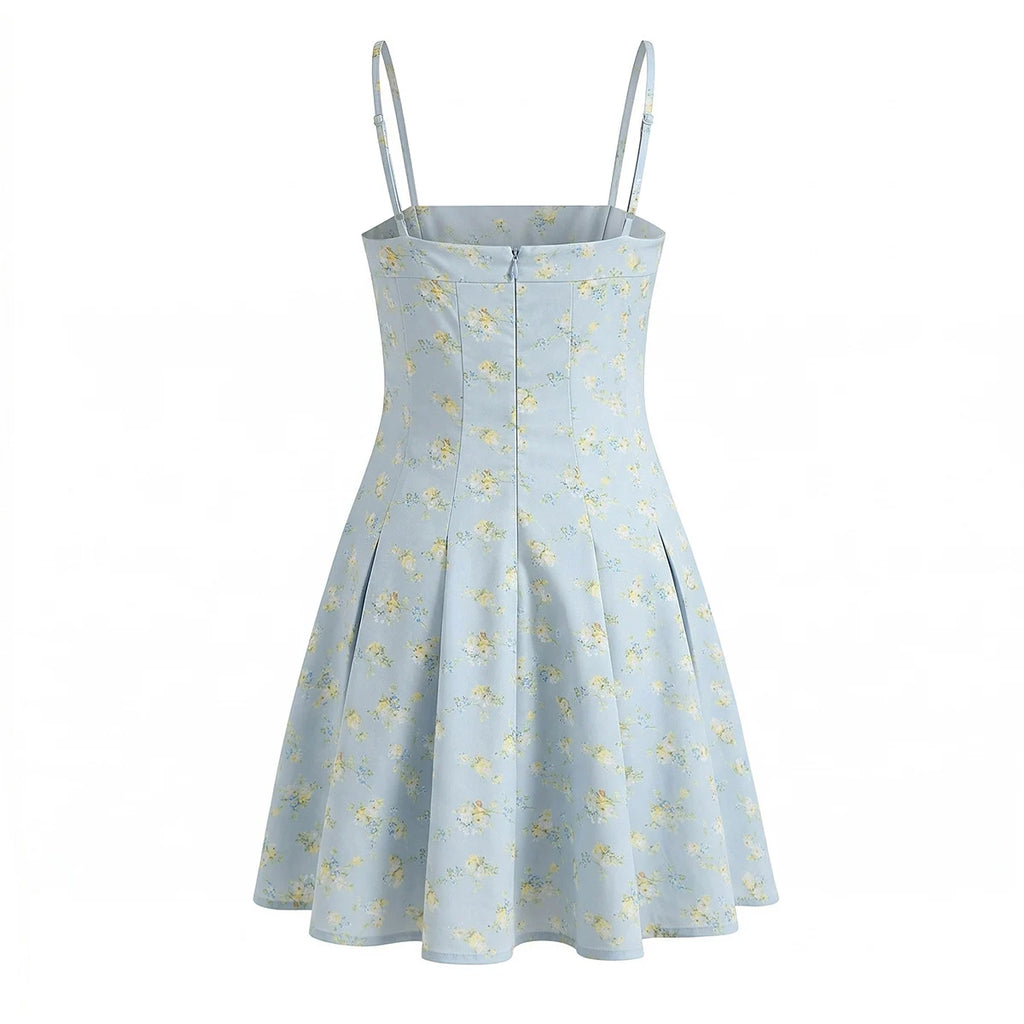 Vestido Mini de Tirantes Azul Floral — Cierre Trasero