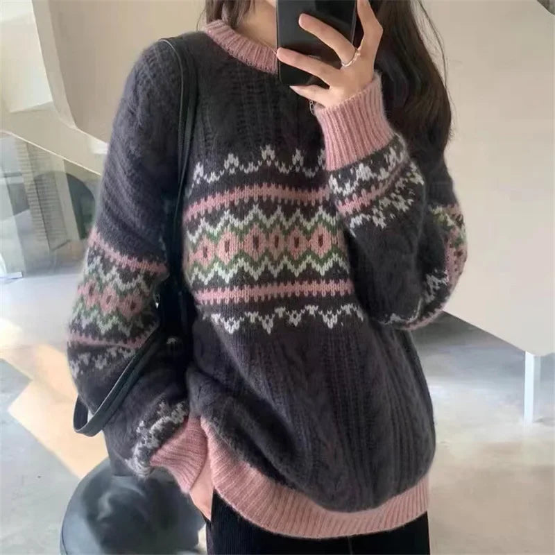 Sweater Tejido Estampado Vintage — Cuello Redondo