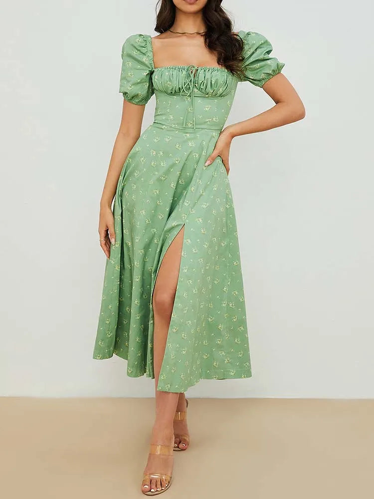 Vestido Maxi Floral con Volados — Mangas Abullonadas