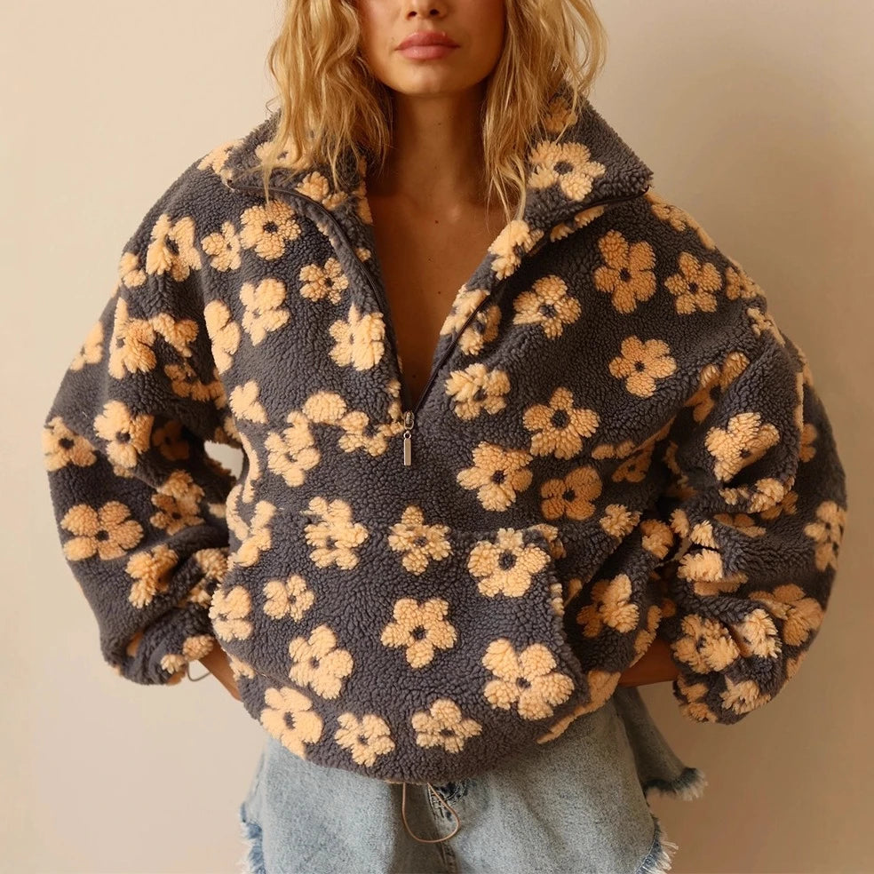 Buzo Polar Floral con Cierre Medio — Cálido y Suave