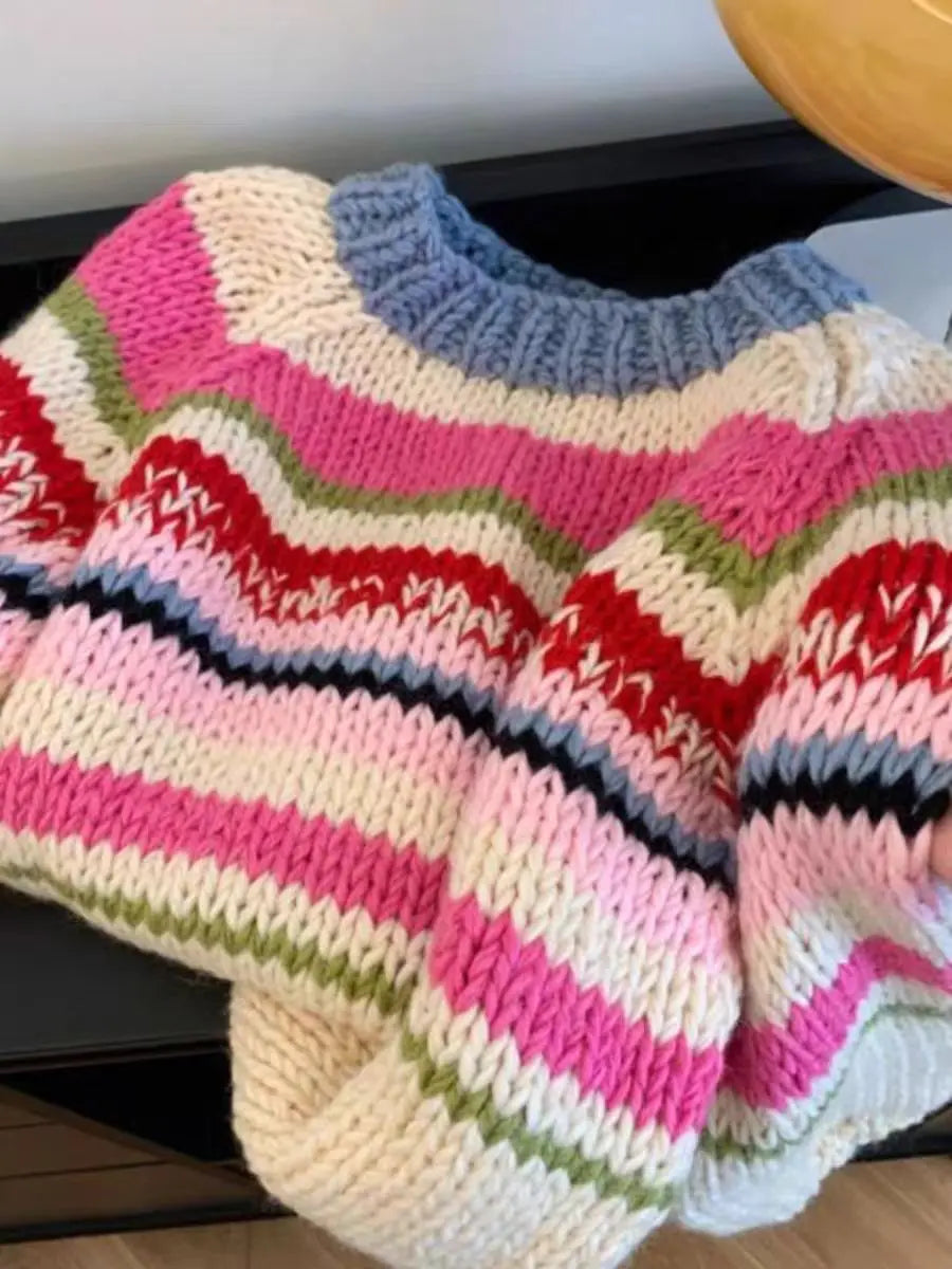 Sweater a Rayas Multicolor Coreano — Cuello Redondo Holgado