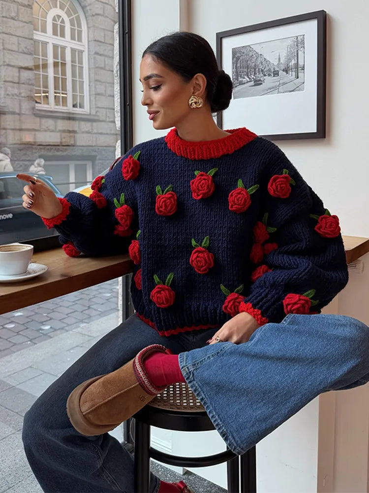 Sweater Vintage con Rosa Decorativa — Cuello Redondo Casual