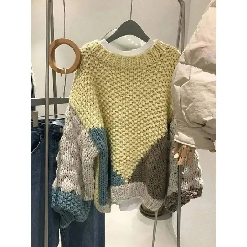 Sweater Tejido Color Block — Cuello Redondo Vintage