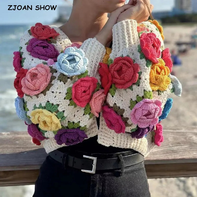 Cárdigan Crochet con Flores 3D — Manga Farol Boho