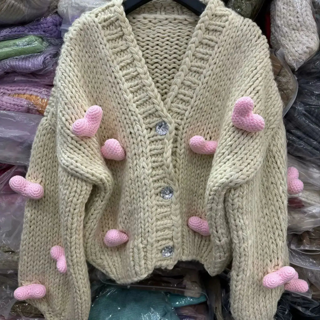 Cárdigan Crochet con Corazones 3D — Manga Farol Beige