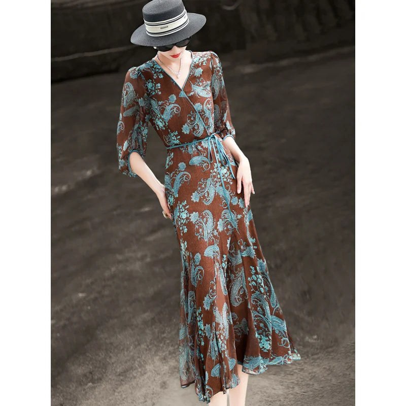 Vestido Maxi Sirena Estampado Paisley — Mangas Abullonadas