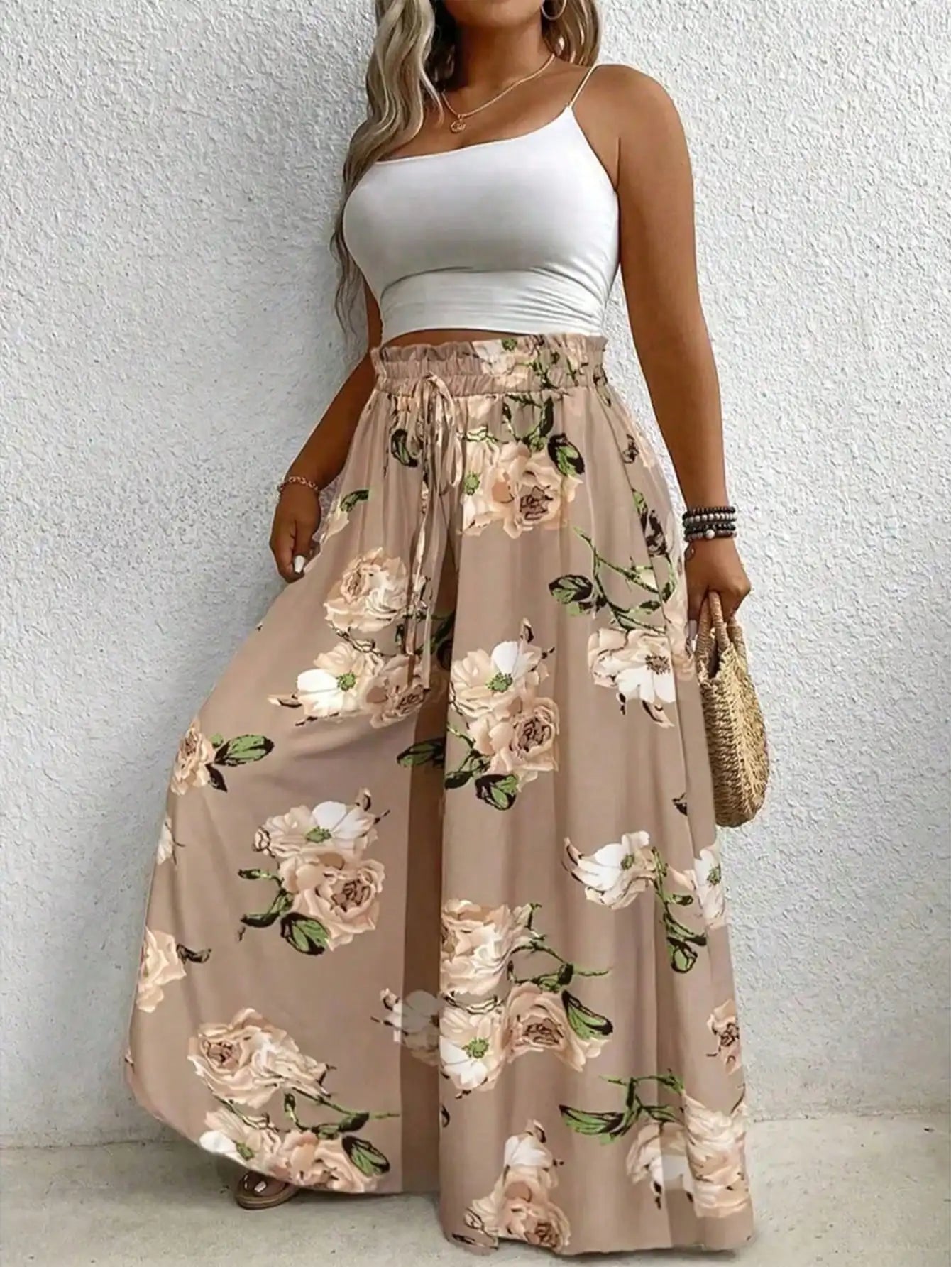 Pantalón Ancho Estampado Talla Grande — Cordón Ajustable