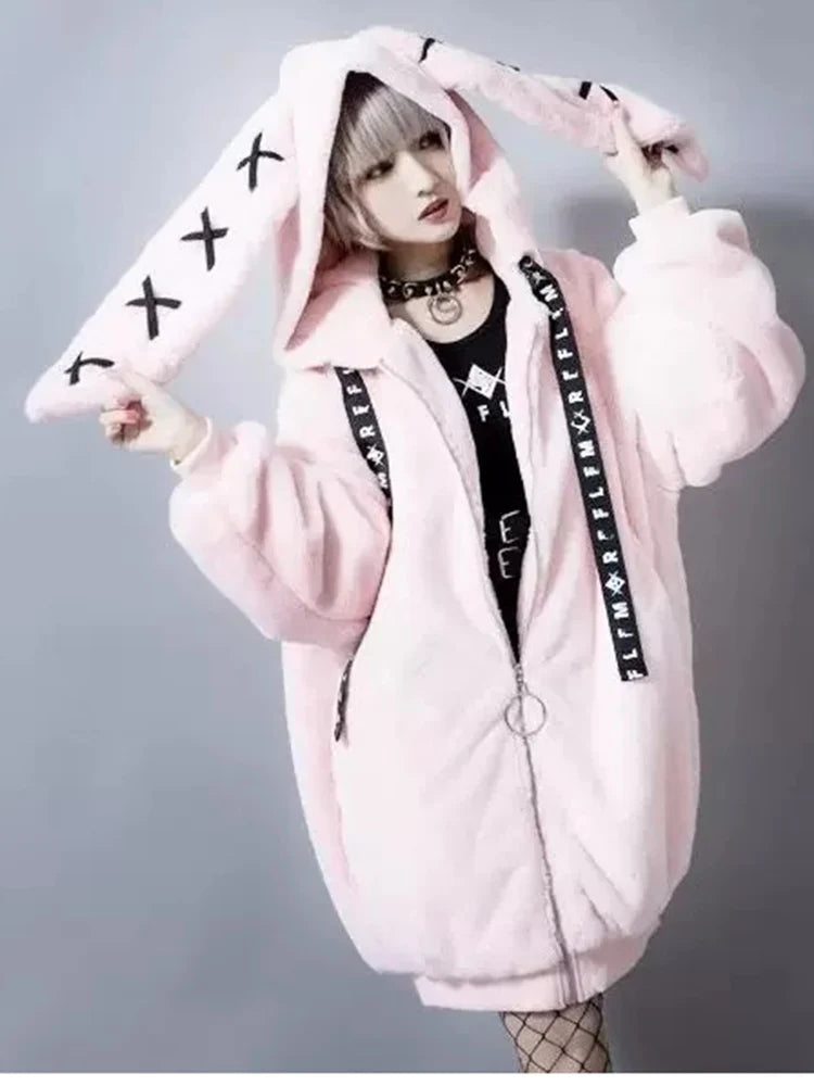 Abrigo Oversize de Piel Sintética con Orejas de Conejo — Kawaii