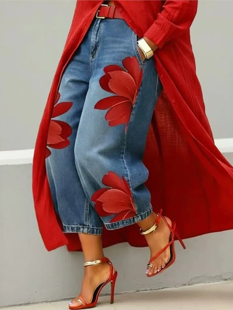 Pantalón Efecto Denim Estampado — Corte Ancho 7/8