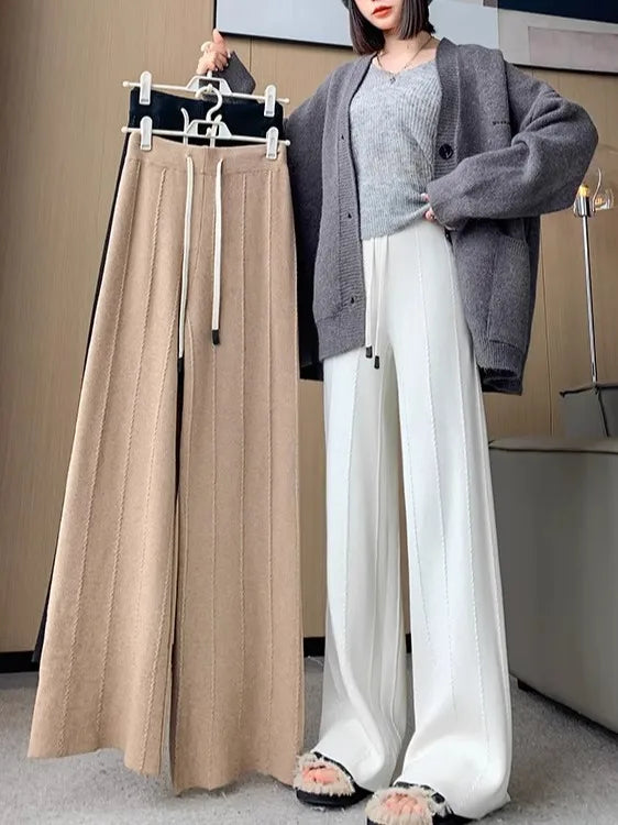 Pantalón Tejido Blanco Tiro Alto — Pierna Ancha Drapeada