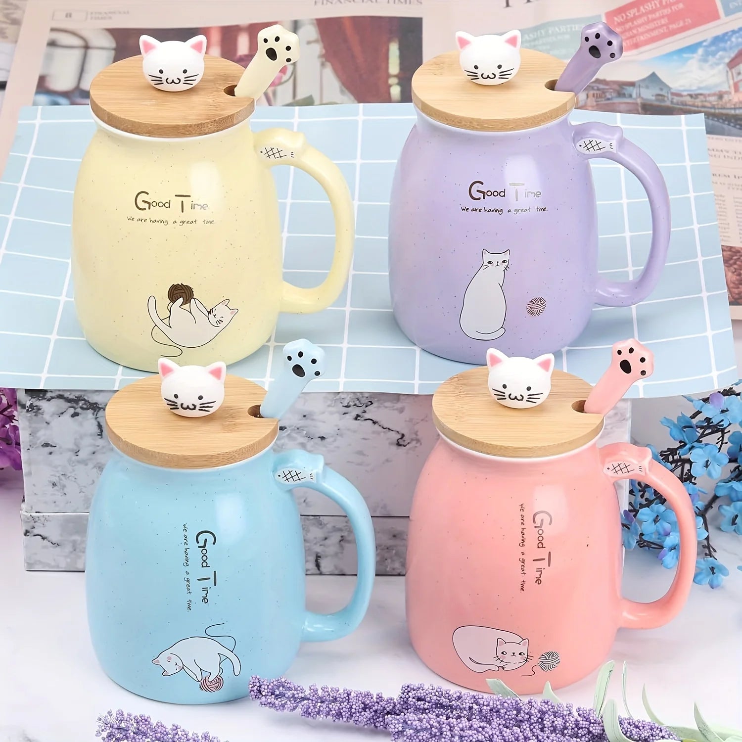 Taza Gato Kawaii con Tapa y Cuchara