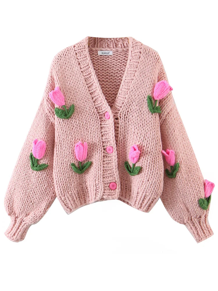Cárdigan Crochet Morado con Flores 3D — Cuello V