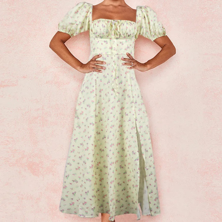 Vestido Midi Floral Manga Globo — Uso Diario