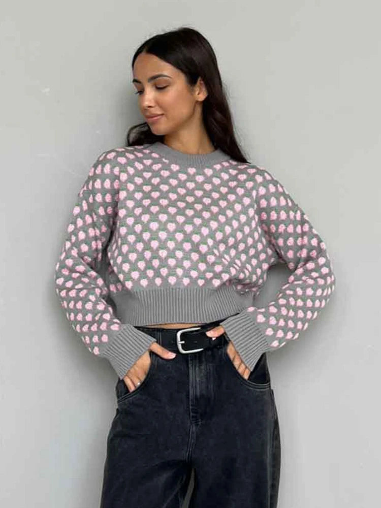Sweater Corto con Fresas Jacquard — Cuello Redondo