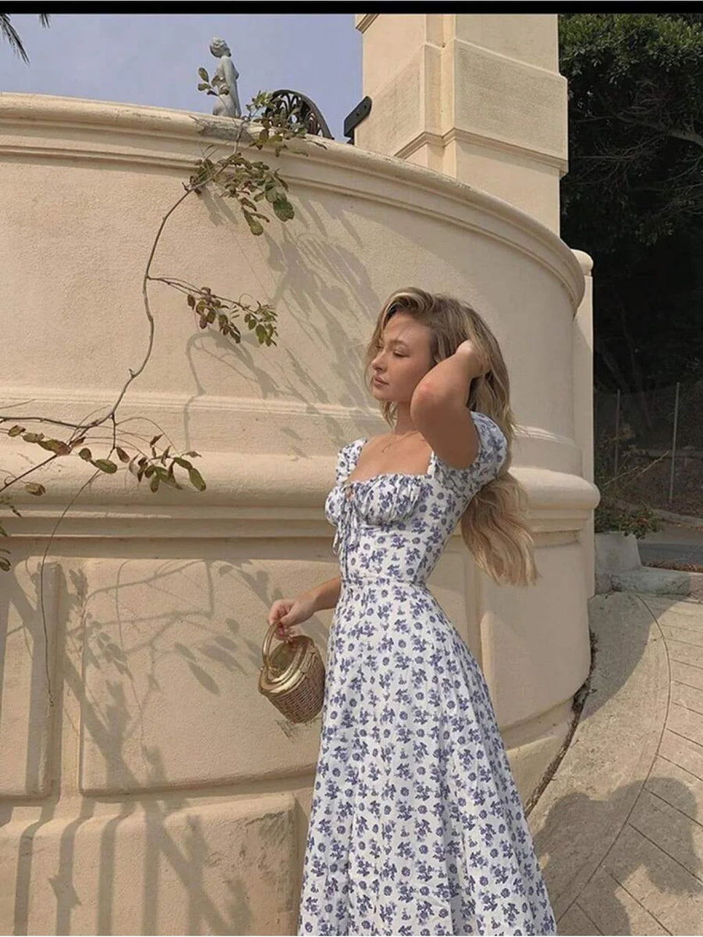 Vestido Largo Boho Floral — Escote Cuadrado y Mangas con Lazo