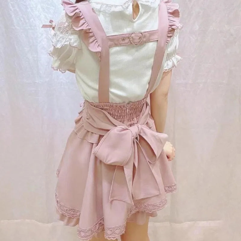 Falda Tiro Alto con Tirantes y Lazo — Estilo Kawaii