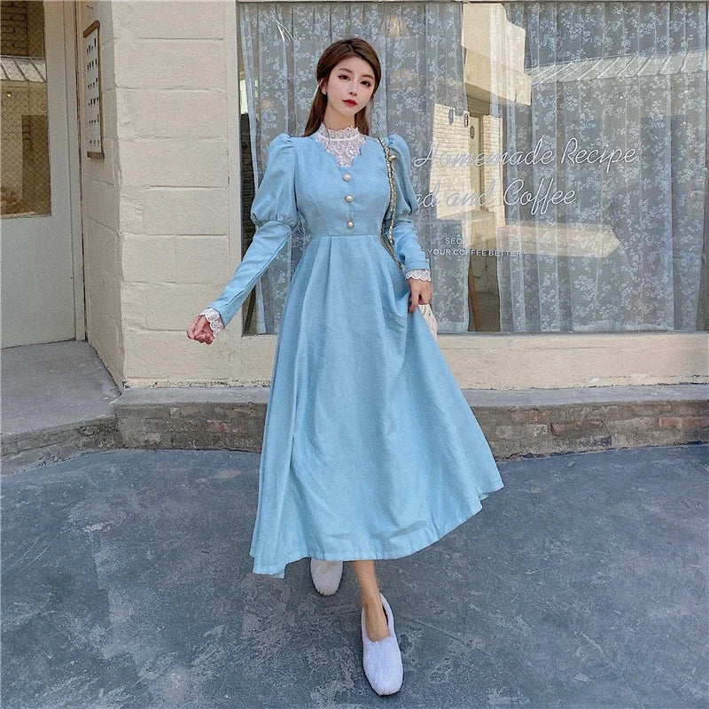 Vestido Midi de Encaje en Parches — Estilo Coreano Vintage