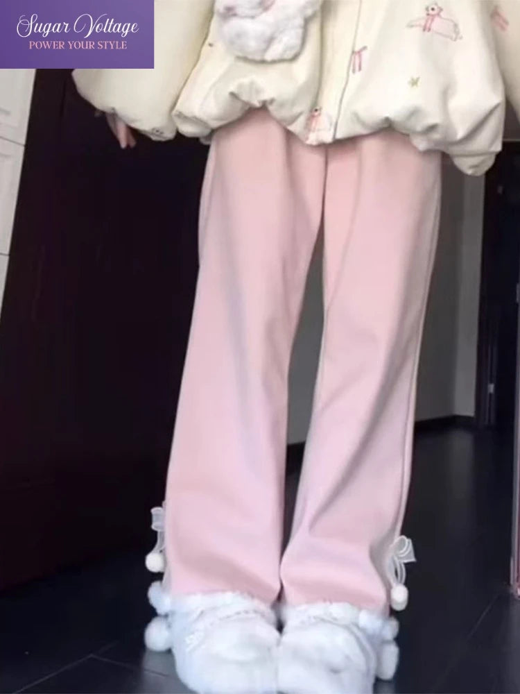 Pantalón Forrado en Polar Rosa — Tiro Alto Acampanado