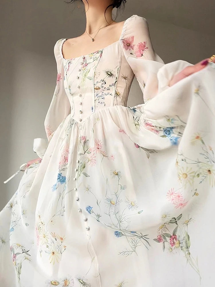 Vestido Midi de Gasa Floral — Manga Larga Afrancesada