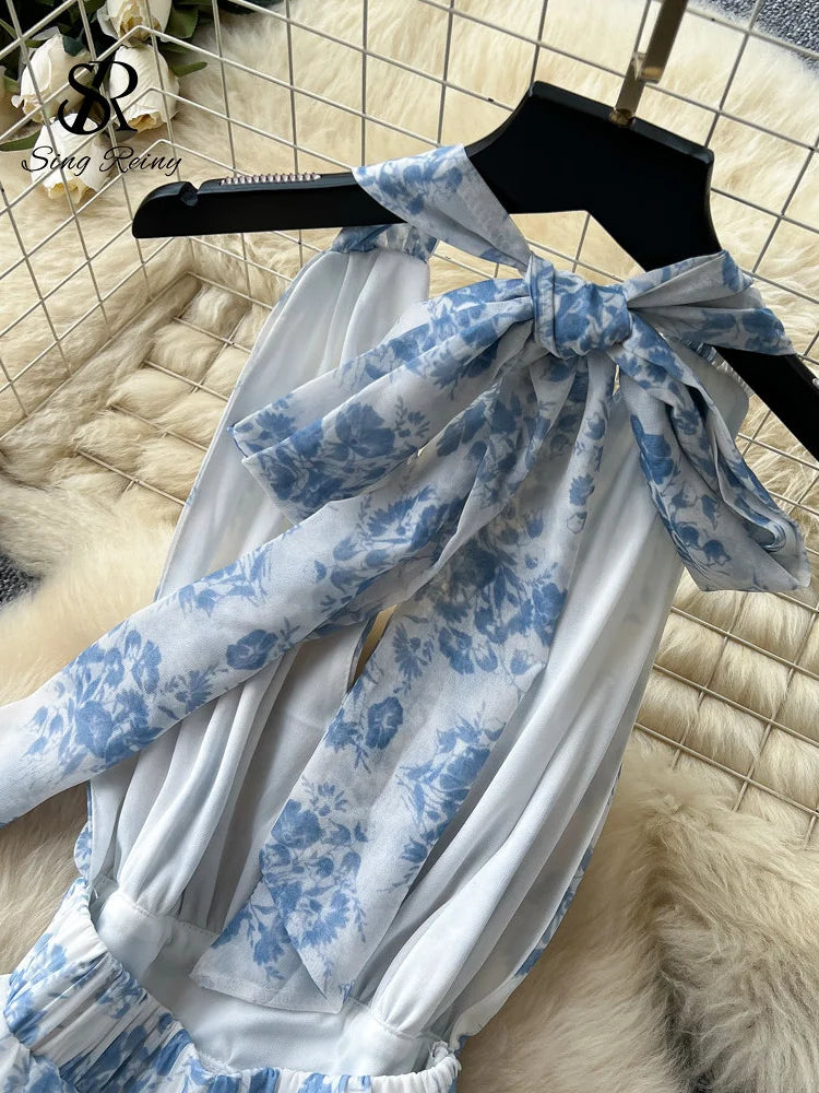 Vestido de Fiesta Floral Afrancesado — Espalda Descubierta con Amarre