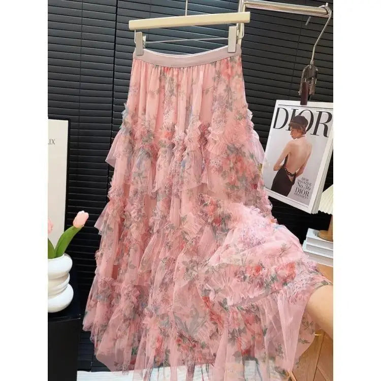 Falda Larga de Encaje Floral — Estilo Coreano