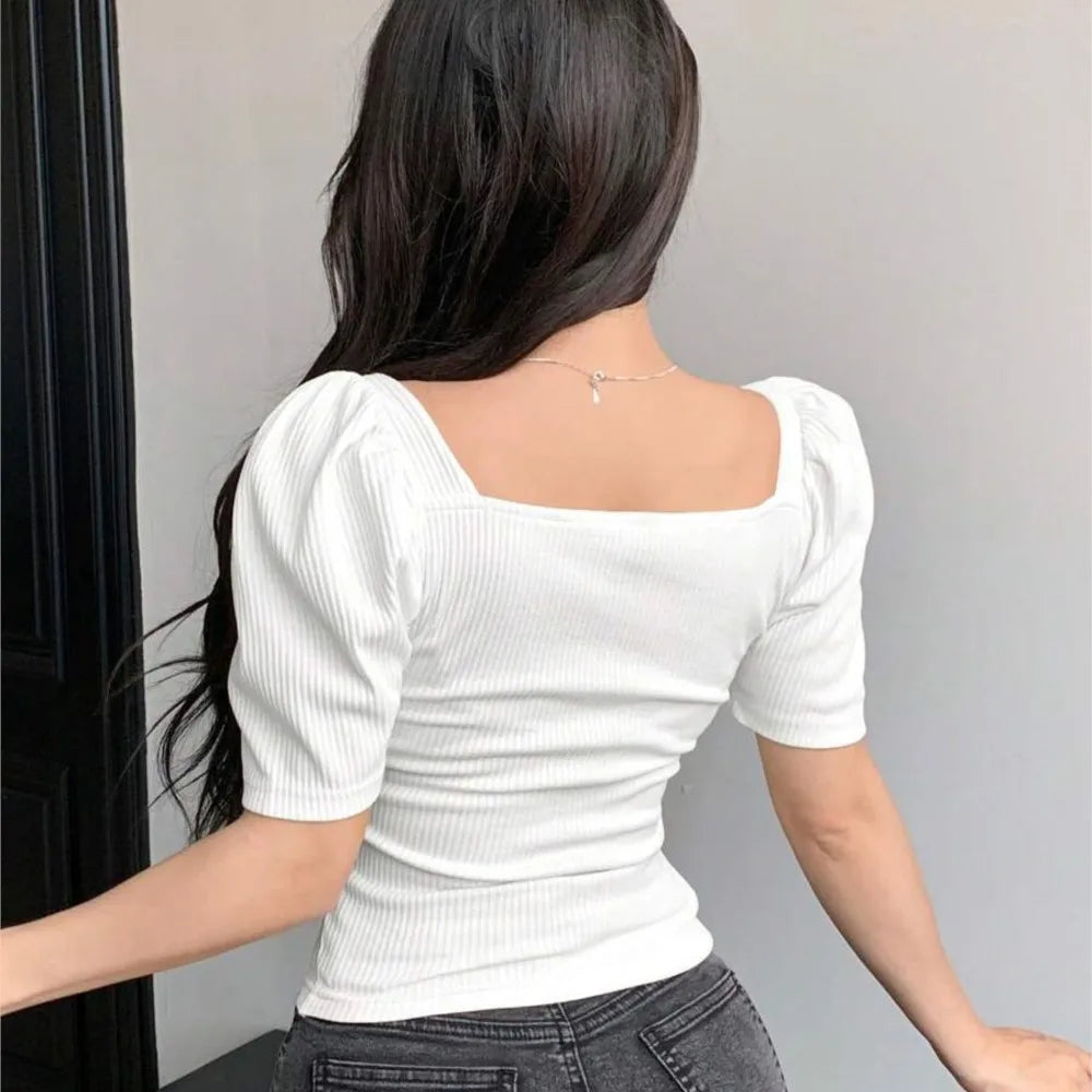 Blusa Cuello Cuadrado con Manga Abullonada — Estilo Coreano