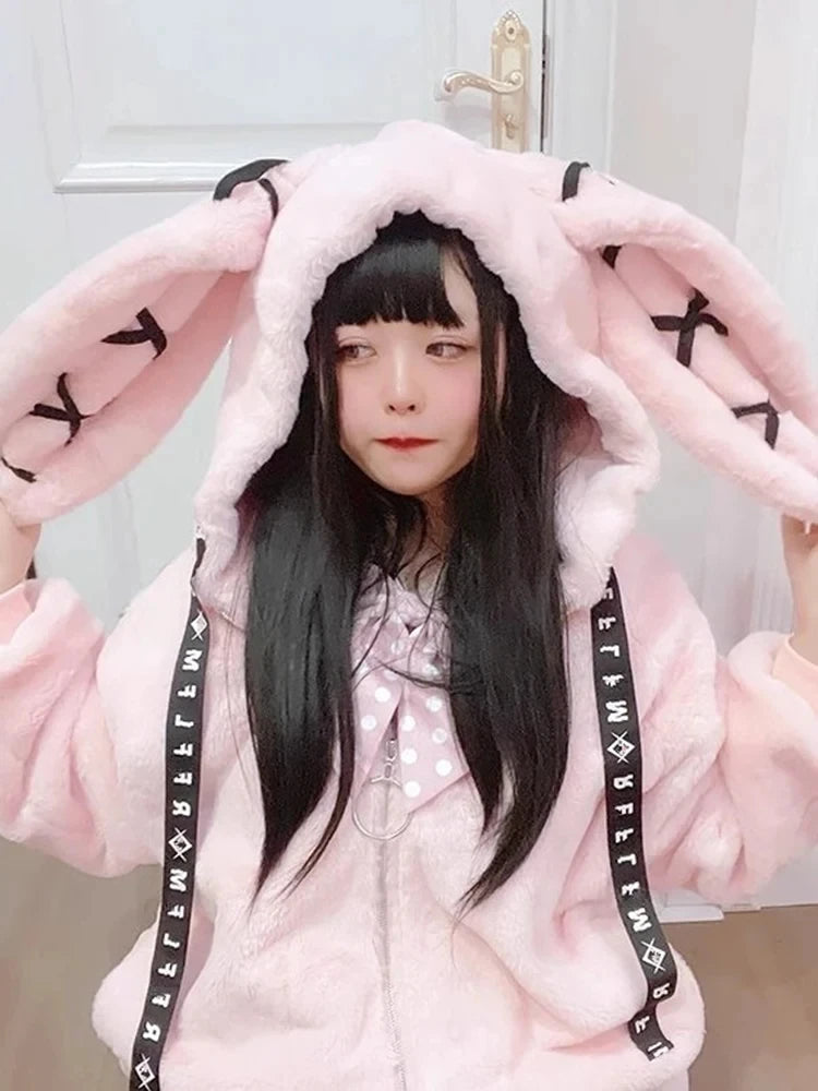 Abrigo Oversize de Piel Sintética con Orejas de Conejo — Kawaii