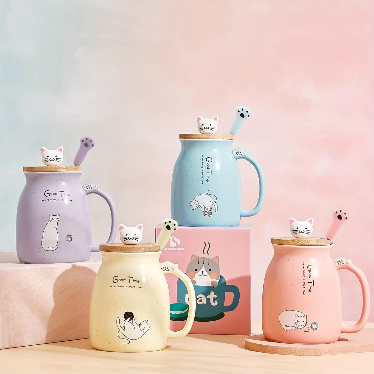 Taza Gato Kawaii con Tapa y Cuchara