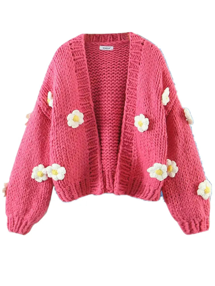 Cárdigan Crochet Multicolor con Flores 3D — Cuello V