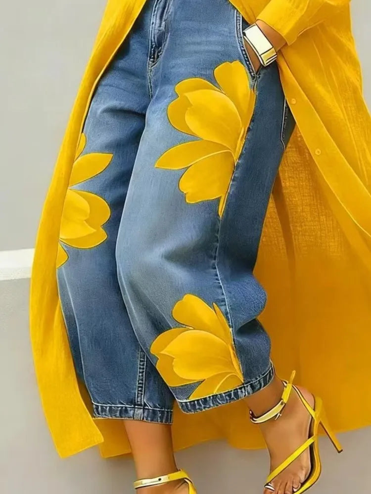 Pantalón Efecto Denim Estampado — Corte Ancho 7/8