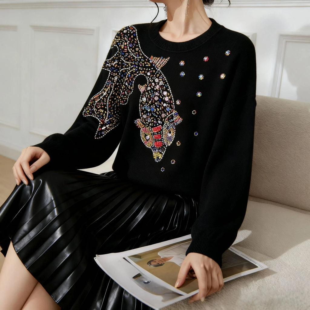 Sweater Negro con Bordado de Peces y Lentejuelas