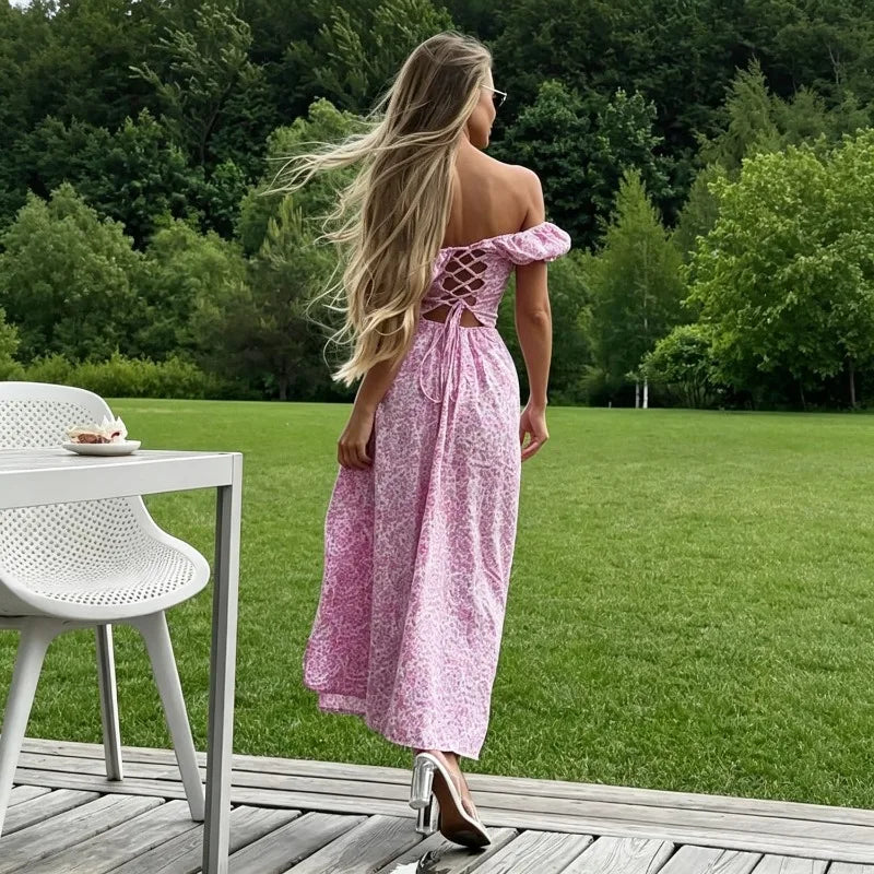 Vestido Maxi Floral Hombros Caídos — Escote V y Abertura