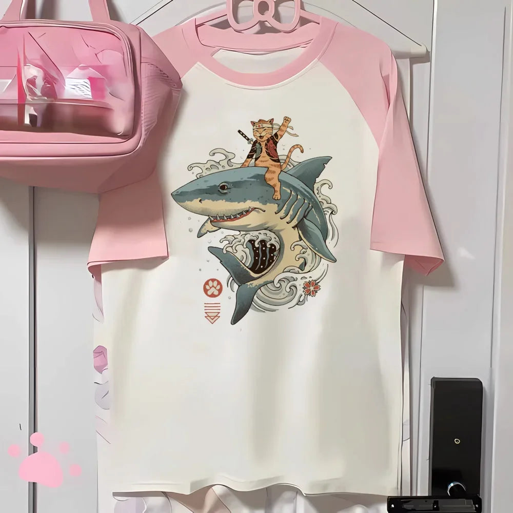 Camiseta Grunge Estampado de Gato — Estilo Harajuku Y2K