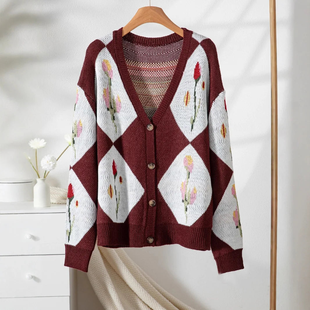 Cárdigan Vintage con Rombos Florales