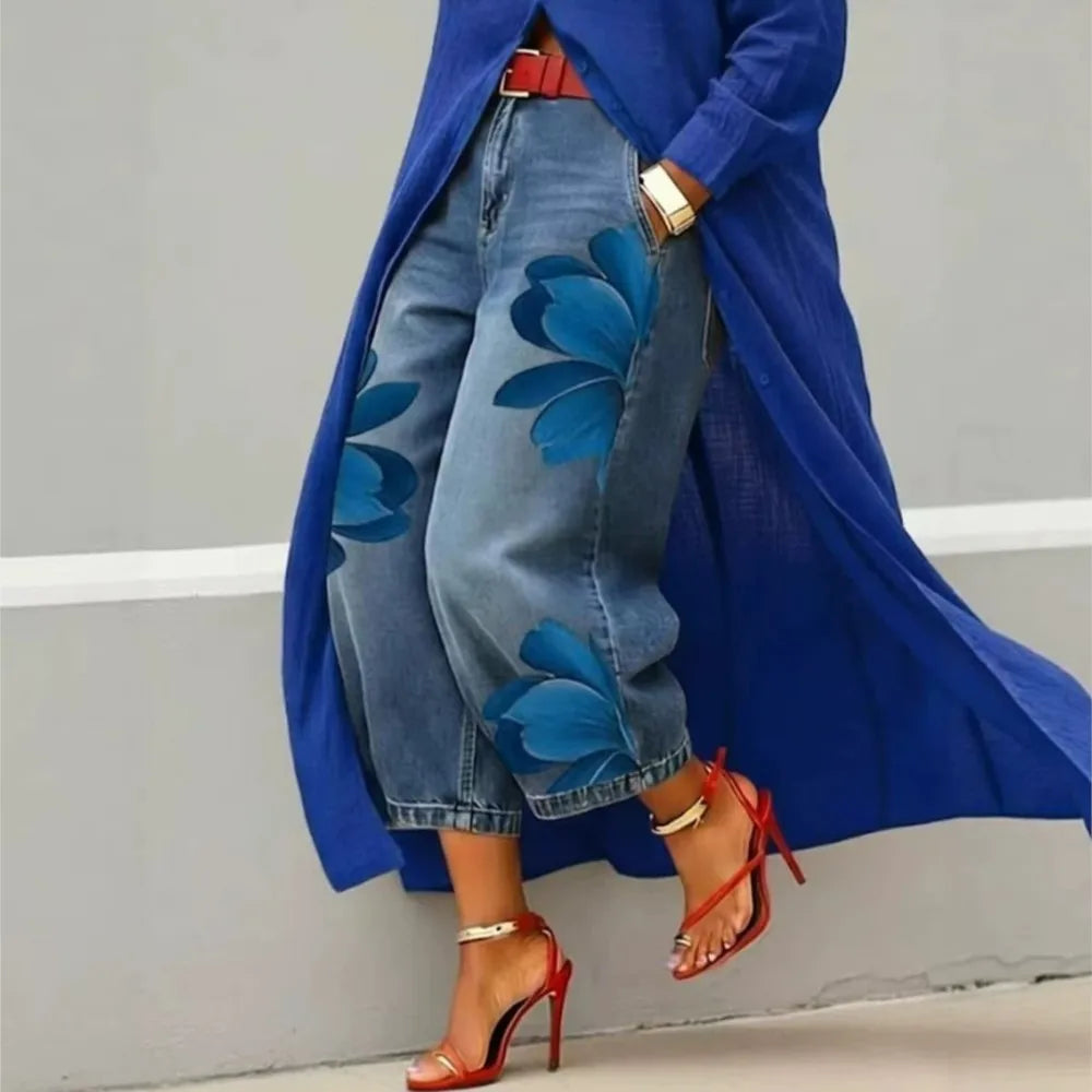 Pantalón Efecto Denim Estampado — Corte Ancho 7/8